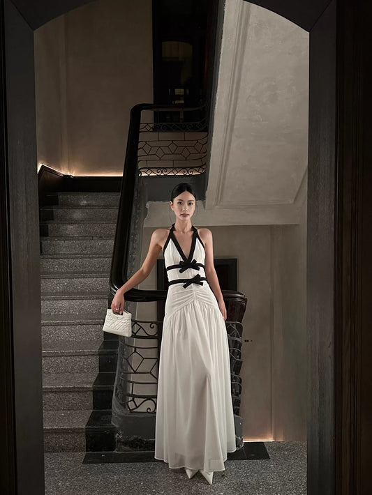Chic A-Line Halter-Neck Bow-Trim White & Black Chiffon Long Evening Dresses