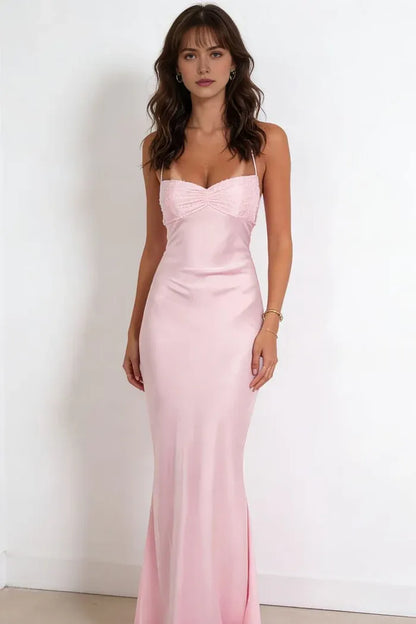 Chic Mermaid Sweetheart Spaghetti Strap Lace Up Back Floor-Length Pleated Beaded Prom Dresses