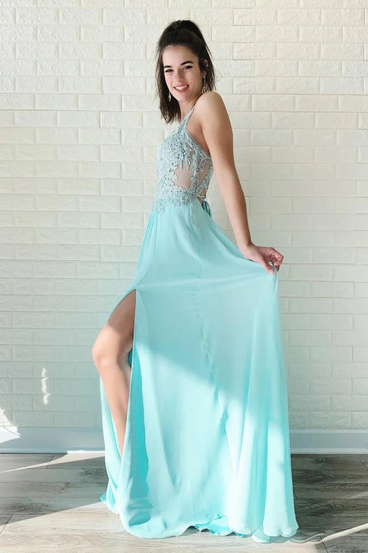 AerbaDress Prom Dresses Chiffon With Applique Sweep Train Spaghtti Straps