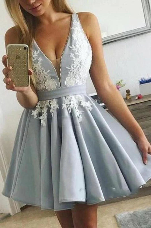 AerbaDress Homecoming Dress V Neck Short Prom Dress Satin With Appliques