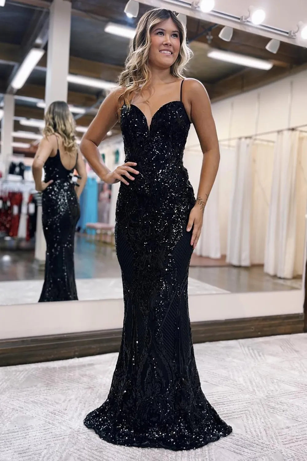 AerbaDress Mermaid Spaghetti Straps Long Glitter Prom Dress