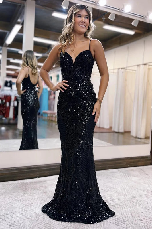 AerbaDress Mermaid Spaghetti Straps Long Glitter Prom Dress