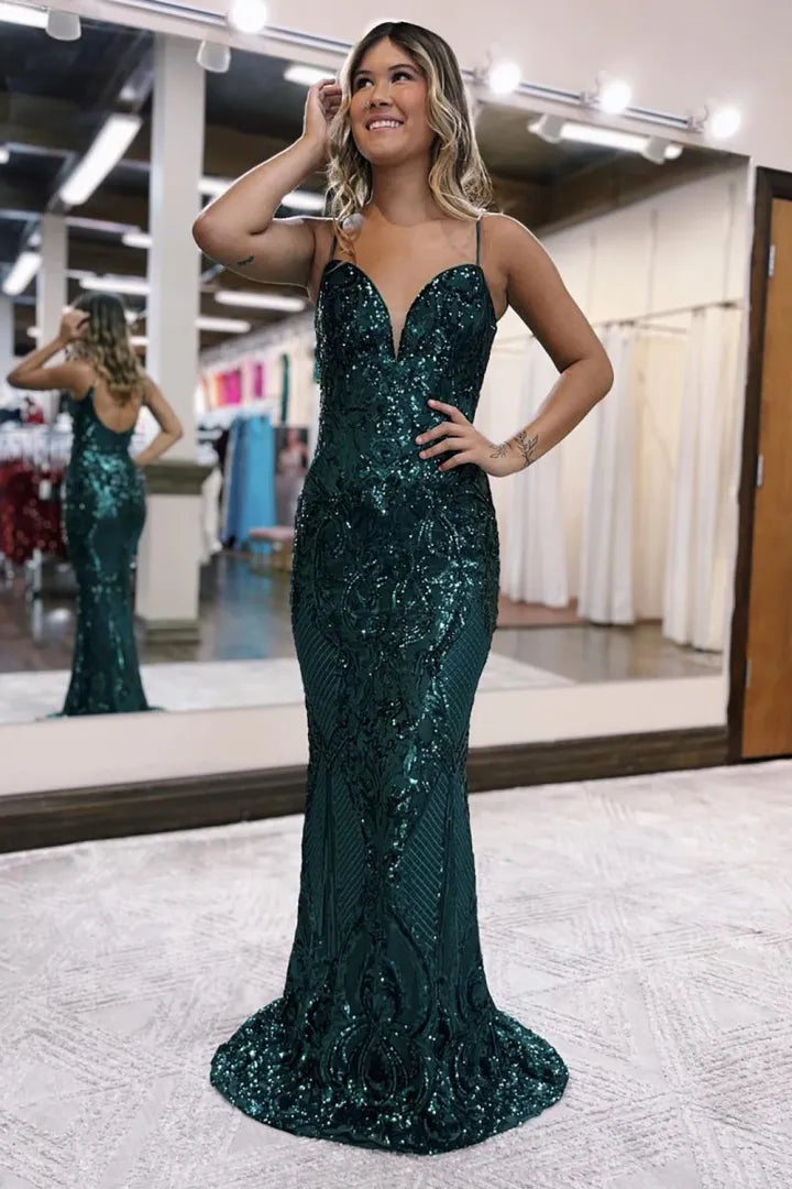 AerbaDress Mermaid Spaghetti Straps Long Glitter Prom Dress