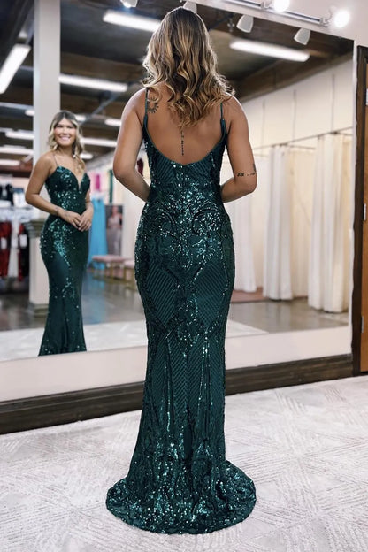 AerbaDress Mermaid Spaghetti Straps Long Glitter Prom Dress