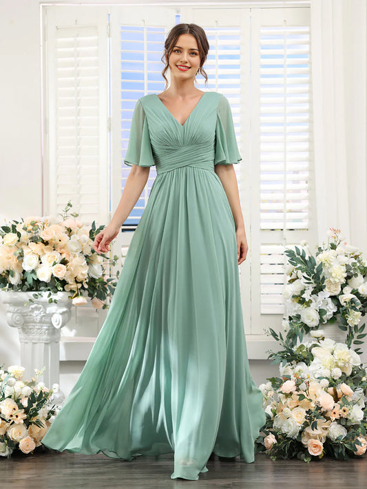 AerbaDress Bridesmaid Dress A-Line Formal Party Dresses V-Neck Sleeve for Wedding Guest with Slit