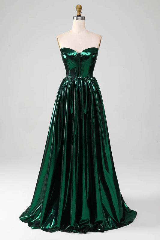 AerbaDress Glitter Dark Green Corset Metallic Long Prom Dress