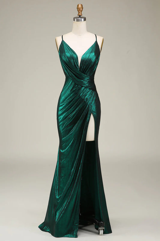AerbaDress Hot Mermaid Spaghetti Straps Dark Green Long Prom Dress with Open Back