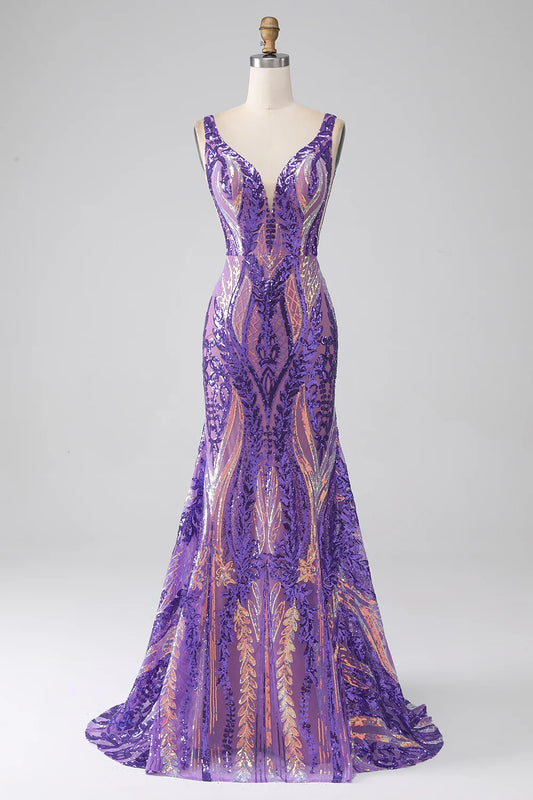 AerbaDress Dark Purple Mermaid V Neck Sequins Long Prom Dress
