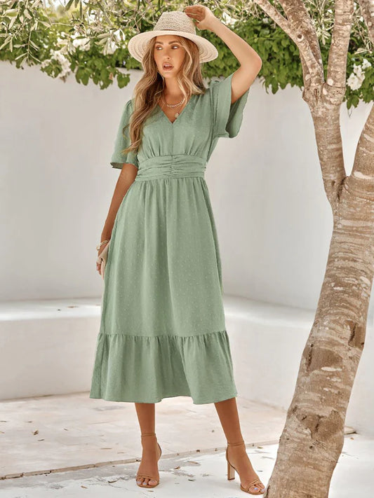 AerbaDress V Neck Dot Pattern Tiered Skirt Midi Dresses Wedding Guest Dress