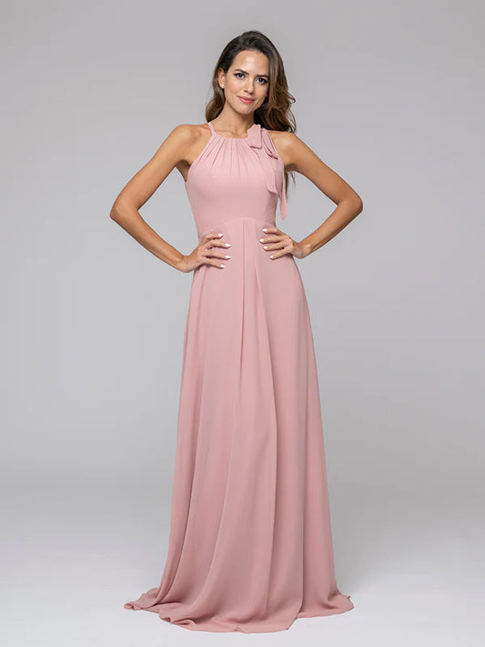 A Line Halter Chiffon Bridesmaid Dresses With Bow