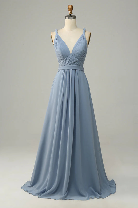 AerbaDress Dusty Blue Deep V Neck A Line Long Bridesmaid Dress