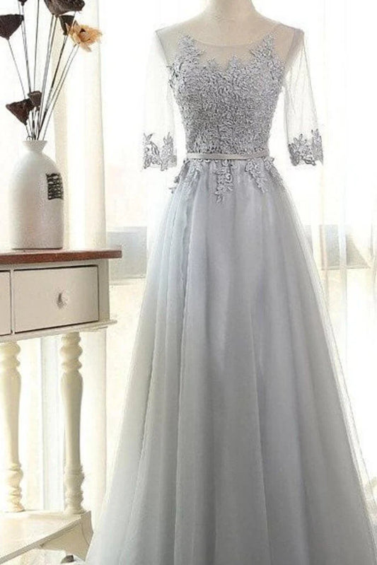 AerbaDress Prom Dresses Elegant A-Line Scoop Floor-Length Tulle 3/4 Sleeves With Appliques