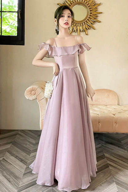 Elegant A-Line Off-Shoulder Ruffled Dusty Pink Floor-Length Prom Dress