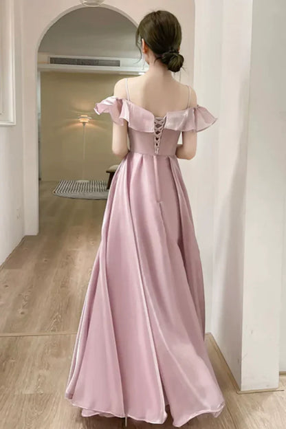 Elegant A-Line Off-Shoulder Ruffled Dusty Pink Floor-Length Prom Dress