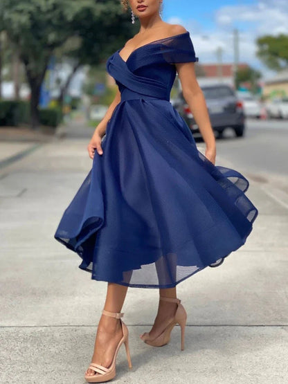 Elegant A-Line Off-the-Shoulder Short Sleeve Burgundy Midi Evening Dress