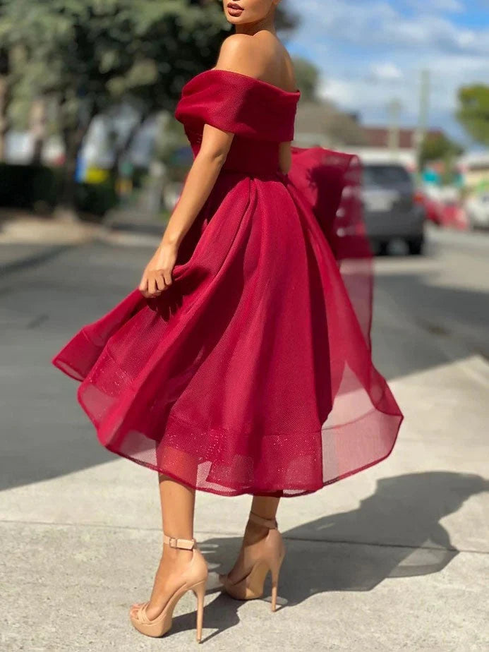 Elegant A-Line Off-the-Shoulder Short Sleeve Burgundy Midi Evening Dress
