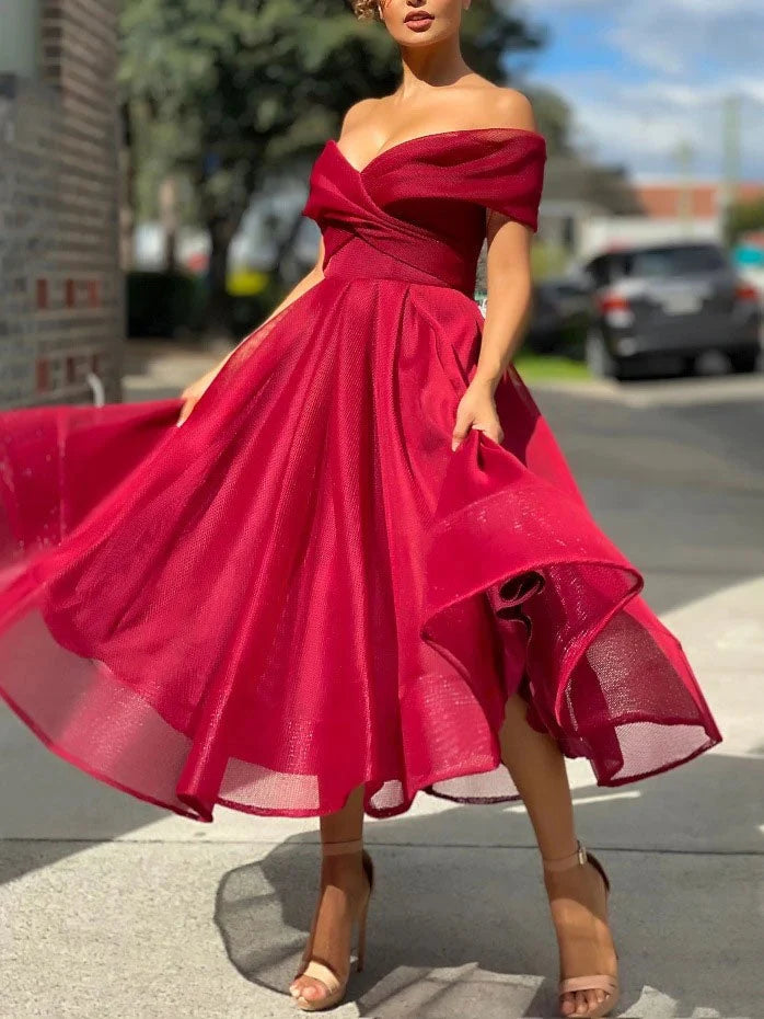 Elegant A-Line Off-the-Shoulder Short Sleeve Burgundy Midi Evening Dress
