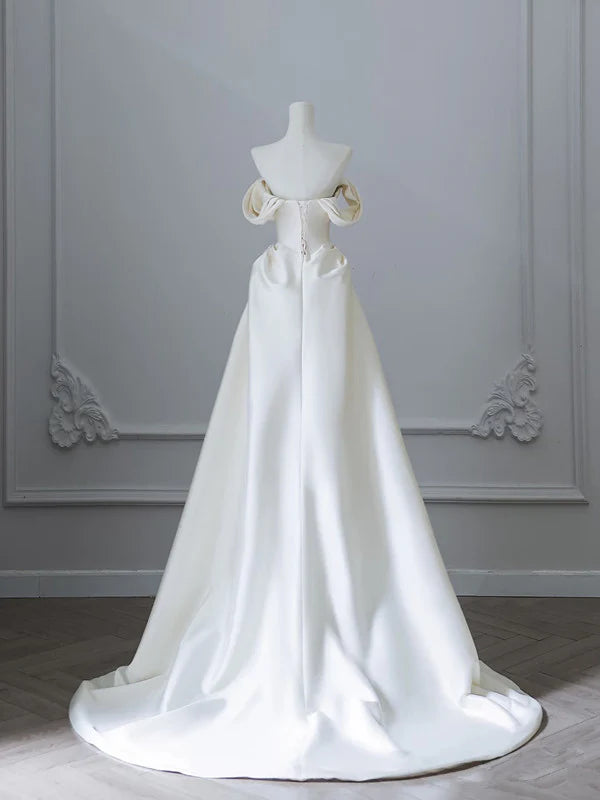 Elegant A-Line Off-the-Shoulder Sleeveless Beaded Ivory Satin Wedding Dresses
