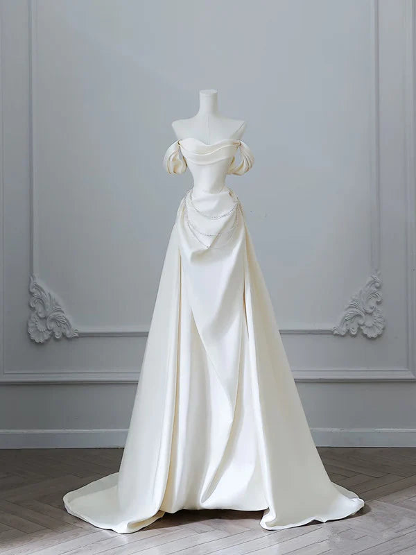 Elegant A-Line Off-the-Shoulder Sleeveless Beaded Ivory Satin Wedding Dresses