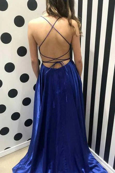 Elegant A-Line Square Neck Lace-Up Royal Blue Floor-Length Prom Dress
