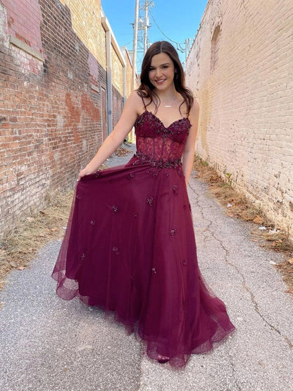 Elegant A-Line Sweetheart Beaded Burgundy Floor-Length Prom Dress