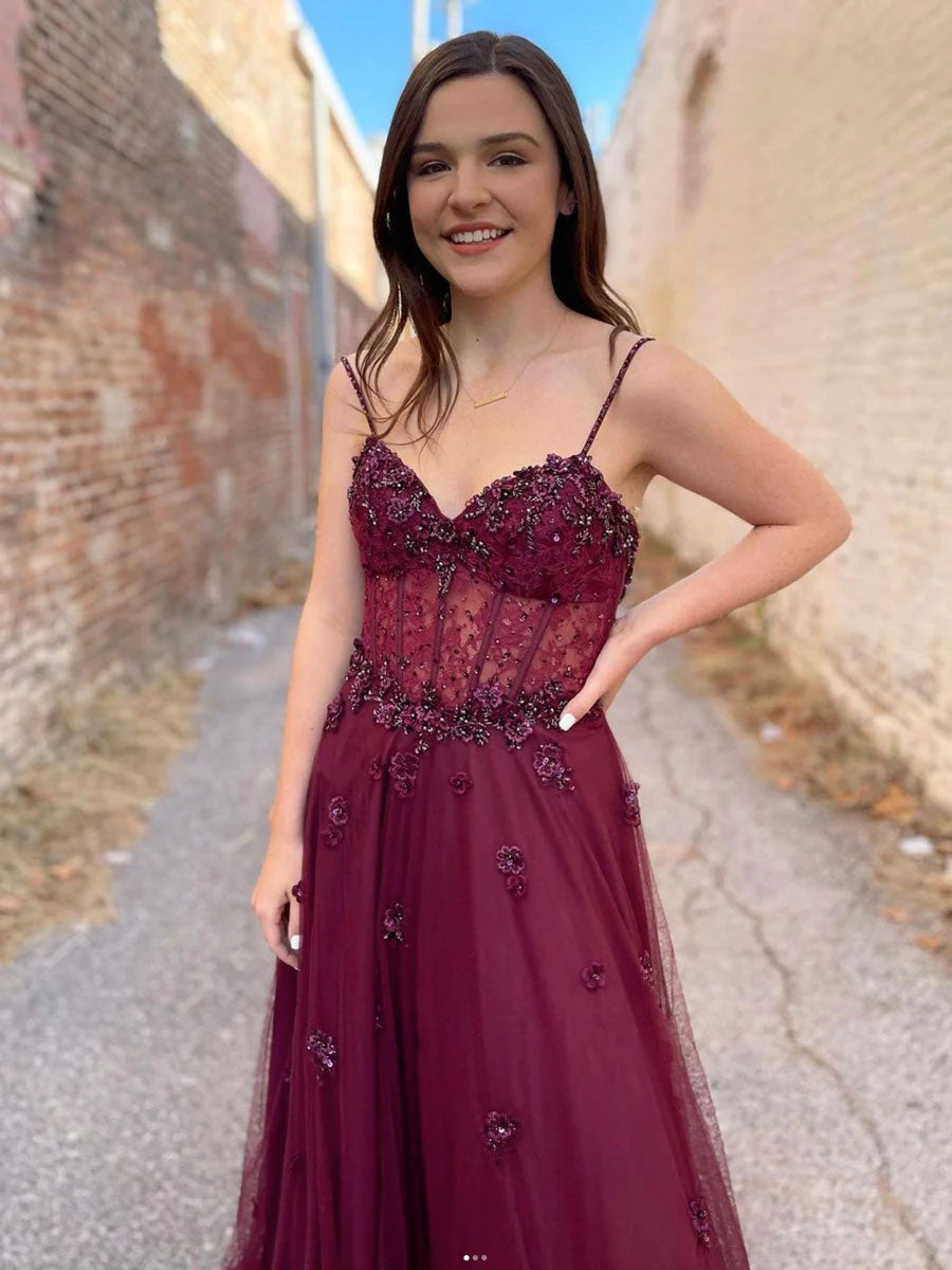 Elegant A-Line Sweetheart Beaded Burgundy Floor-Length Prom Dress