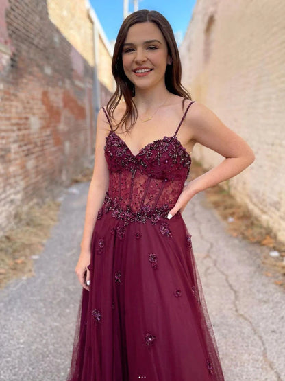 Elegant A-Line Sweetheart Beaded Burgundy Floor-Length Prom Dress