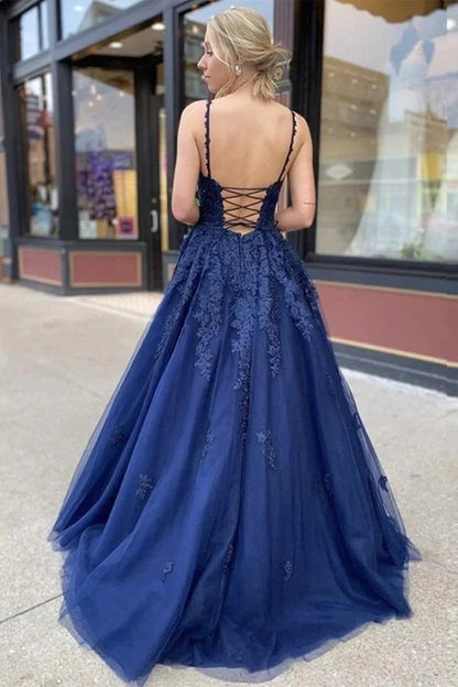 Elegant A-Line V-Neck Sleeveless Lace Navy Blue Floor-Length Prom Dress