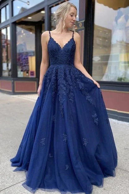 Elegant A-Line V-Neck Sleeveless Lace Navy Blue Floor-Length Prom Dress