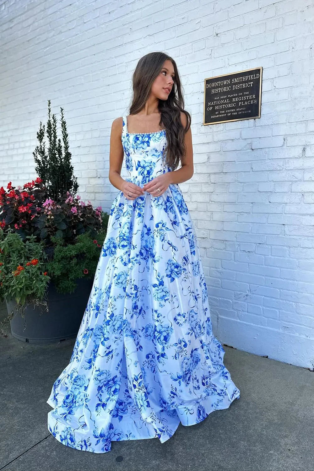 Elegant A Line Square Floral Blue Floor-Length Evening Dress