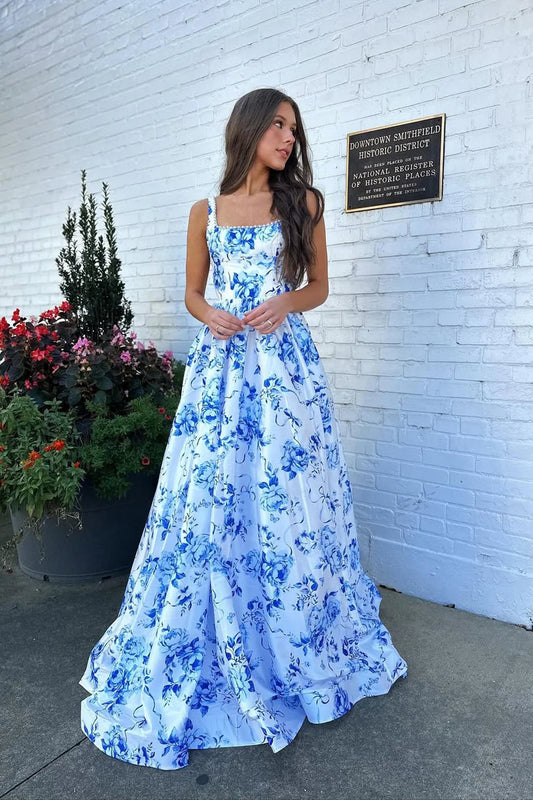 Elegant A Line Square Floral Blue Floor-Length Evening Dress