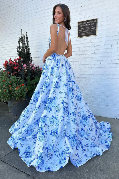 Elegant A Line Square Floral Blue Floor-Length Evening Dress