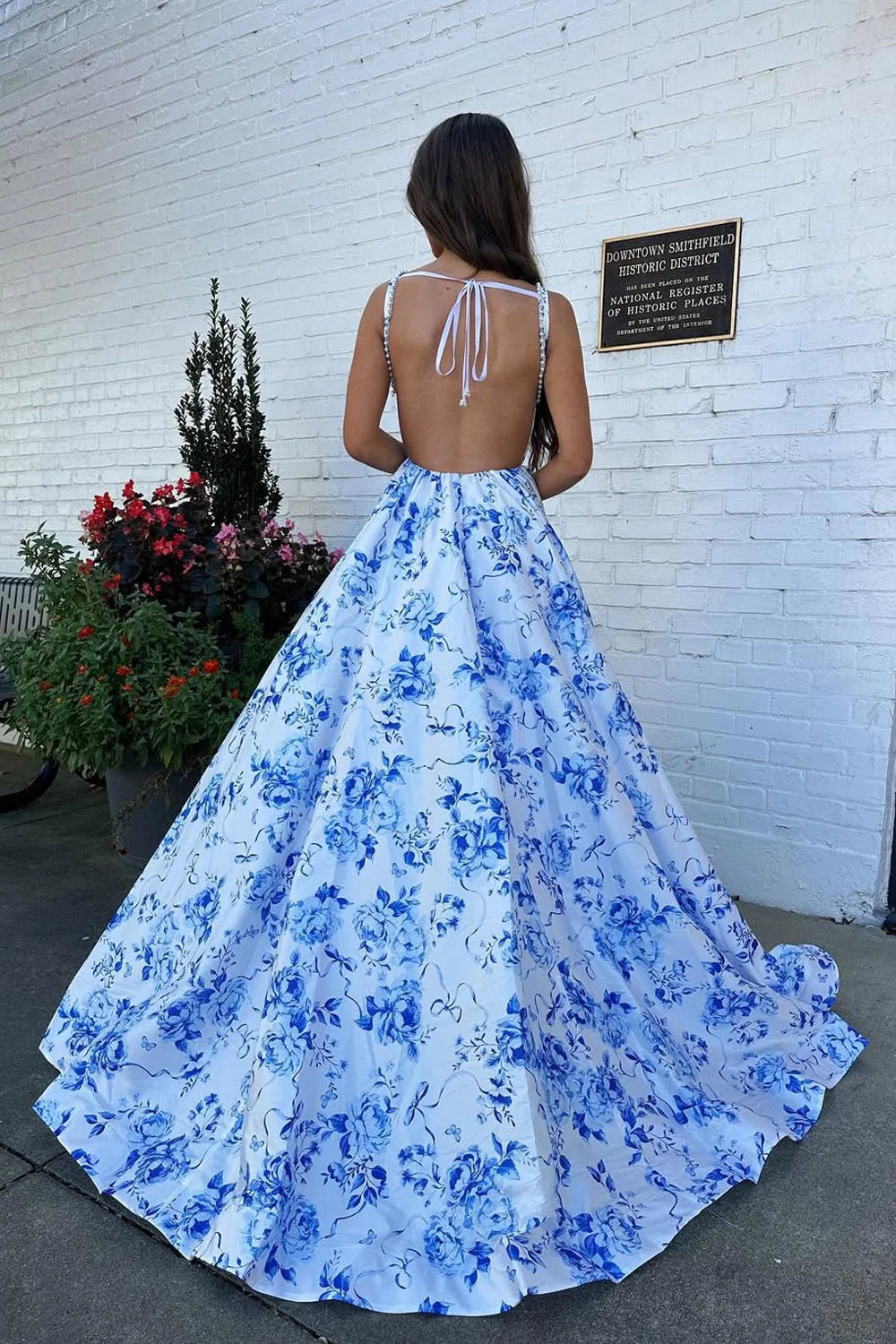 Elegant A Line Square Floral Blue Floor-Length Evening Dress