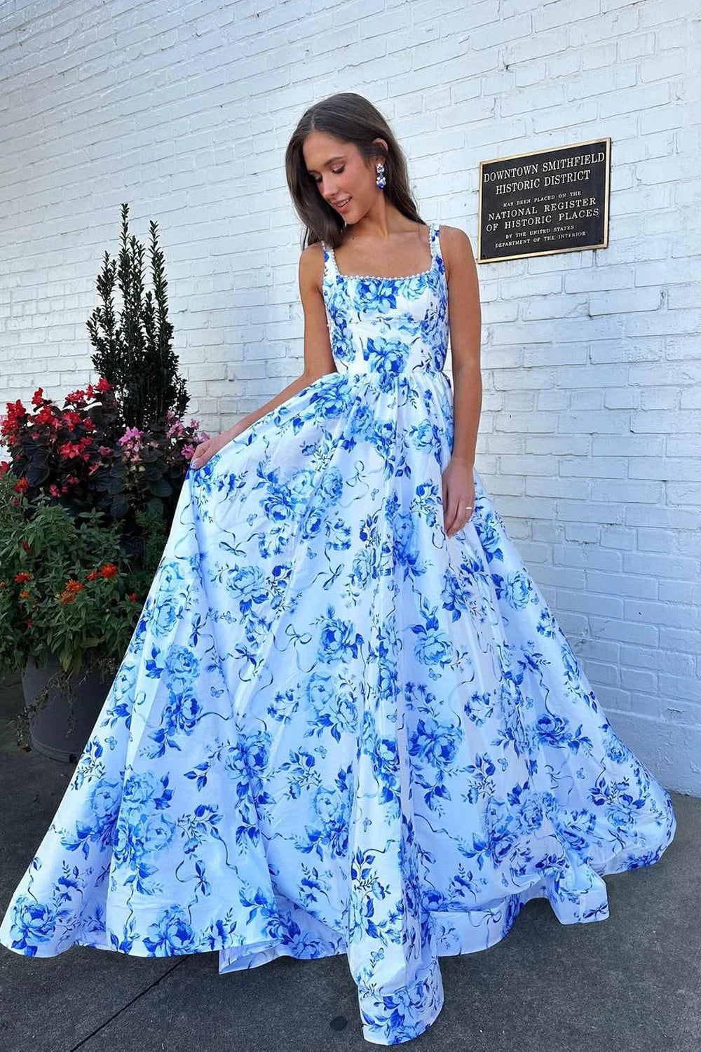 Elegant A Line Square Floral Blue Floor-Length Evening Dress
