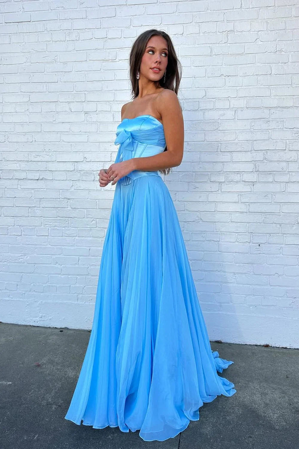 Elegant A Line Strapless Bow Light Blue Floor-Length Prom Dress