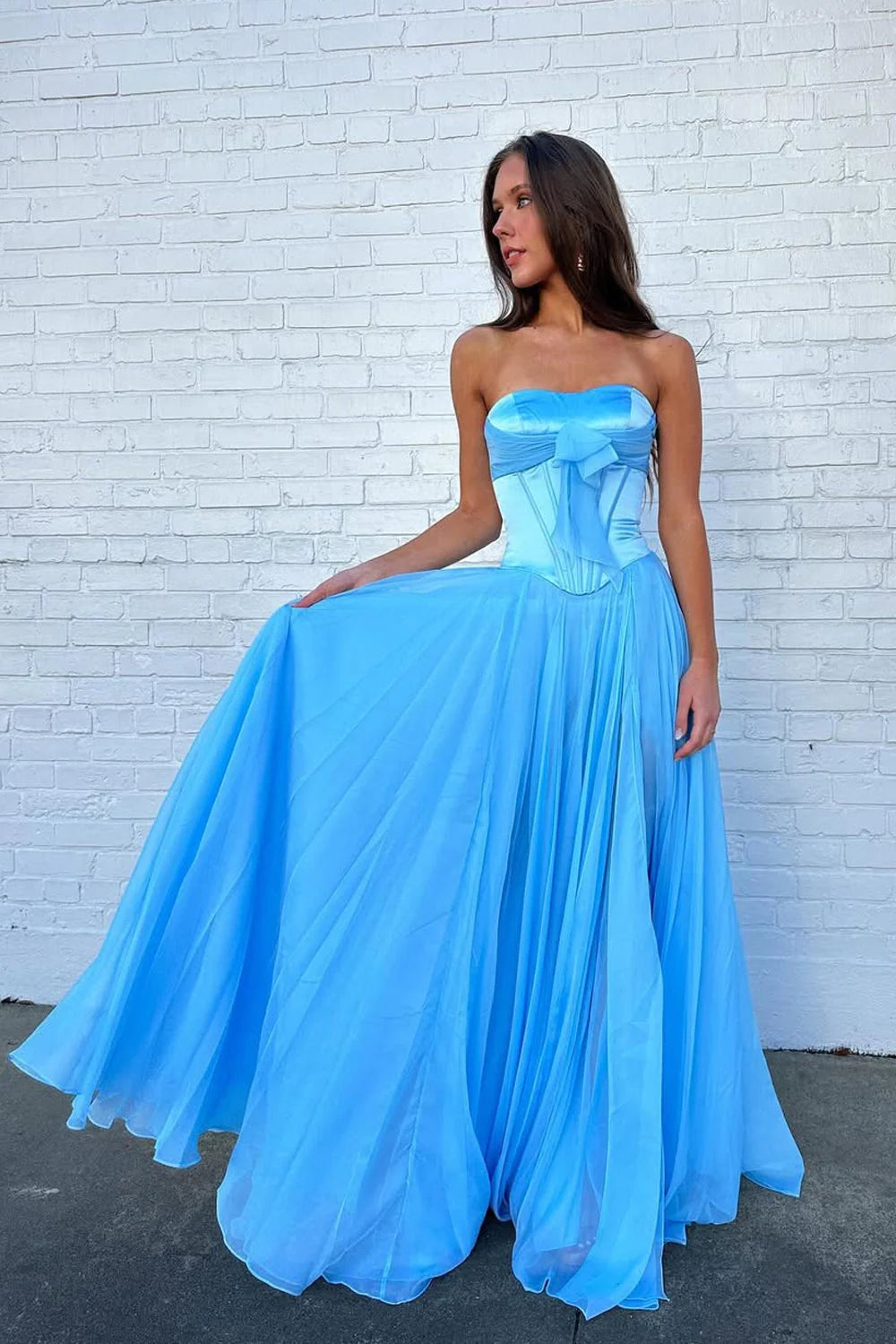 Elegant A Line Strapless Bow Light Blue Floor-Length Prom Dress