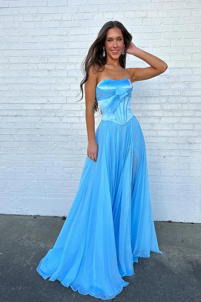 Elegant A Line Strapless Bow Light Blue Floor-Length Prom Dress