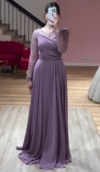 Elegant Fitted Asymmetrical Long Sleeve Beaded Lavender Floor-Length Prom Dress