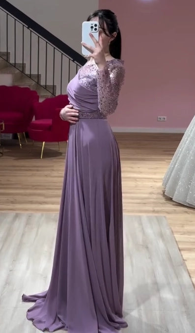 Elegant Fitted Asymmetrical Long Sleeve Beaded Lavender Floor-Length Prom Dress