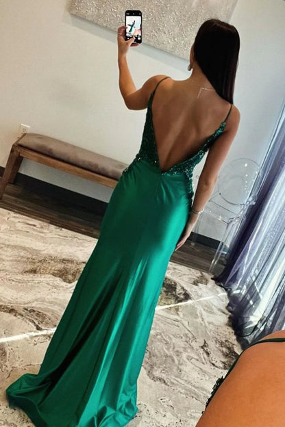Elegant Mermaid Deep V Sleeveless Beaded Teal Floor-Length Prom Dress