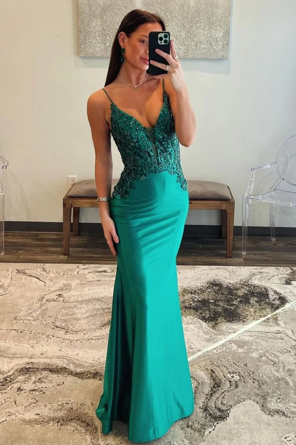 Elegant Mermaid Deep V Sleeveless Beaded Teal Floor-Length Prom Dress