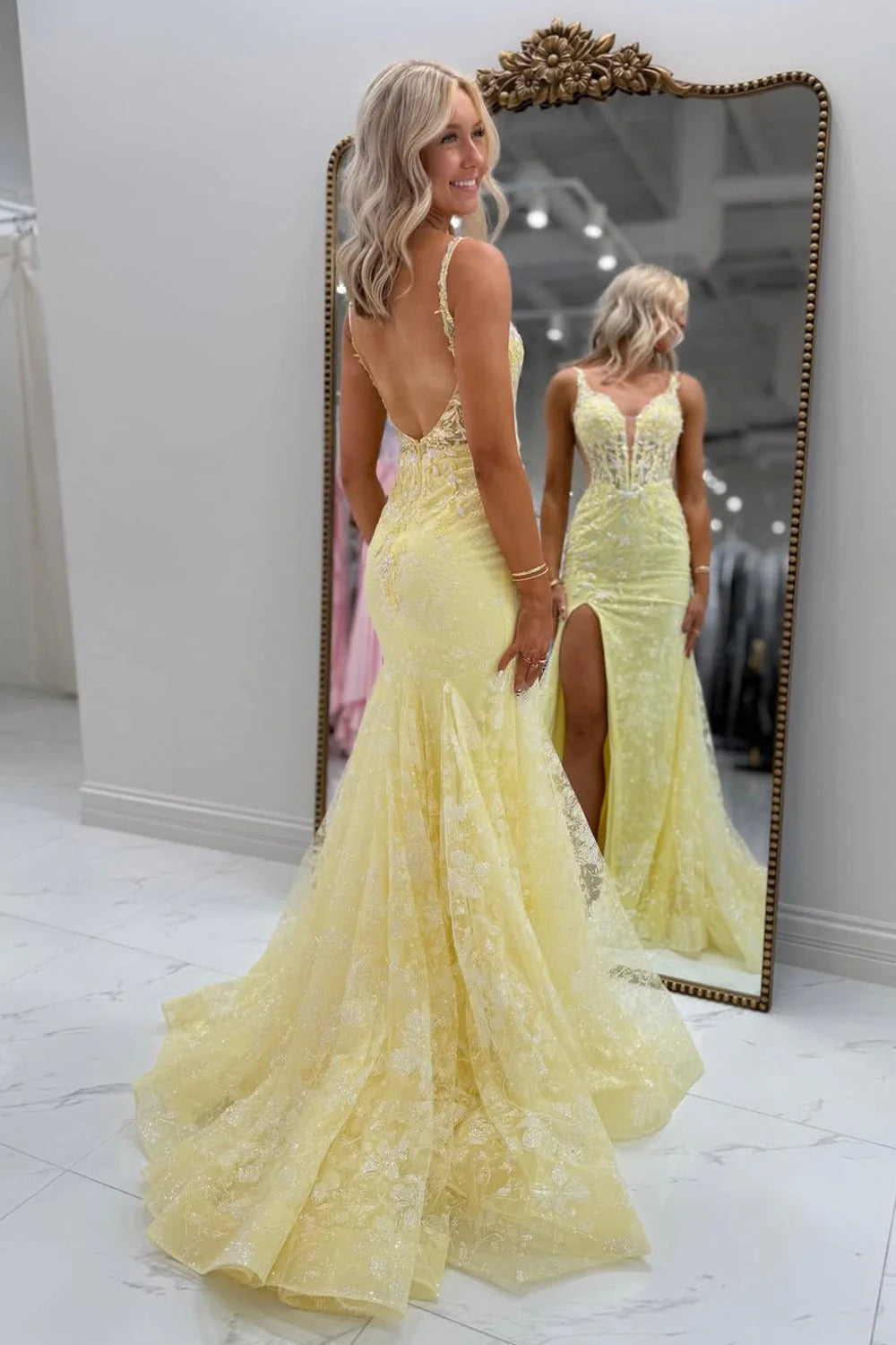 Elegant Mermaid Deep V Sleeveless Lace Yellow Floor-Length Prom Dress