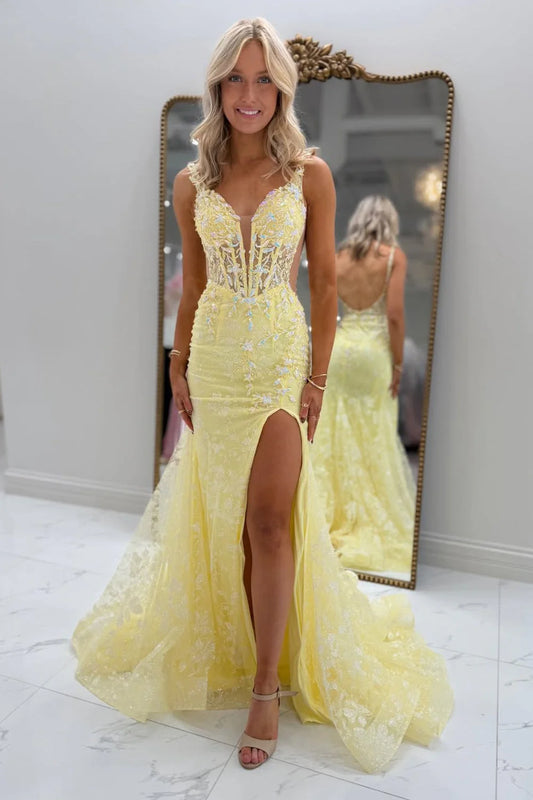 Elegant Mermaid Deep V Sleeveless Lace Yellow Floor-Length Prom Dress
