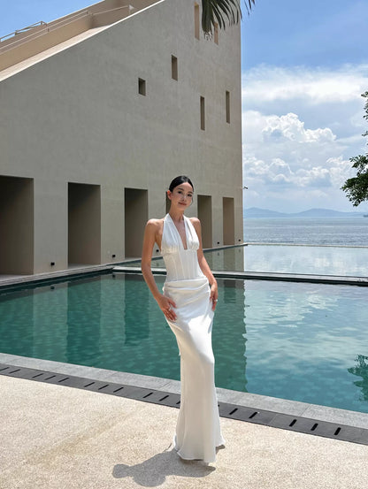 Elegant Mermaid Halter-Neck Lace-Up White Satin Long Evening Dresses