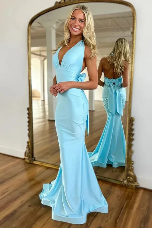 Elegant Mermaid Halter Bow Sky Blue Floor-Length Prom Dress