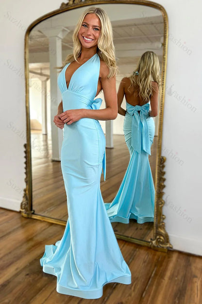 Elegant Mermaid Halter Bow Sky Blue Floor-Length Prom Dress