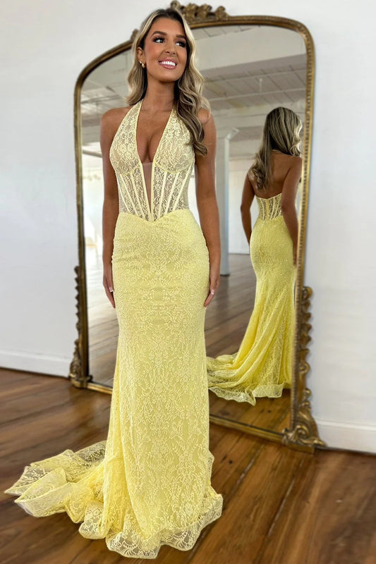 Elegant Mermaid Halter Sleeveless Lace Yellow Floor-Length Evening Dress