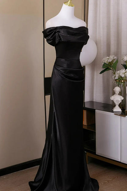 Elegant Mermaid Off-the-Shoulder Ruched Black Satin Long Prom Dresses