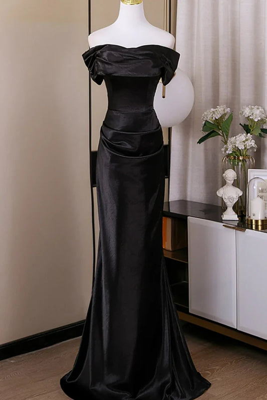 Elegant Mermaid Off-the-Shoulder Ruched Black Satin Long Prom Dresses