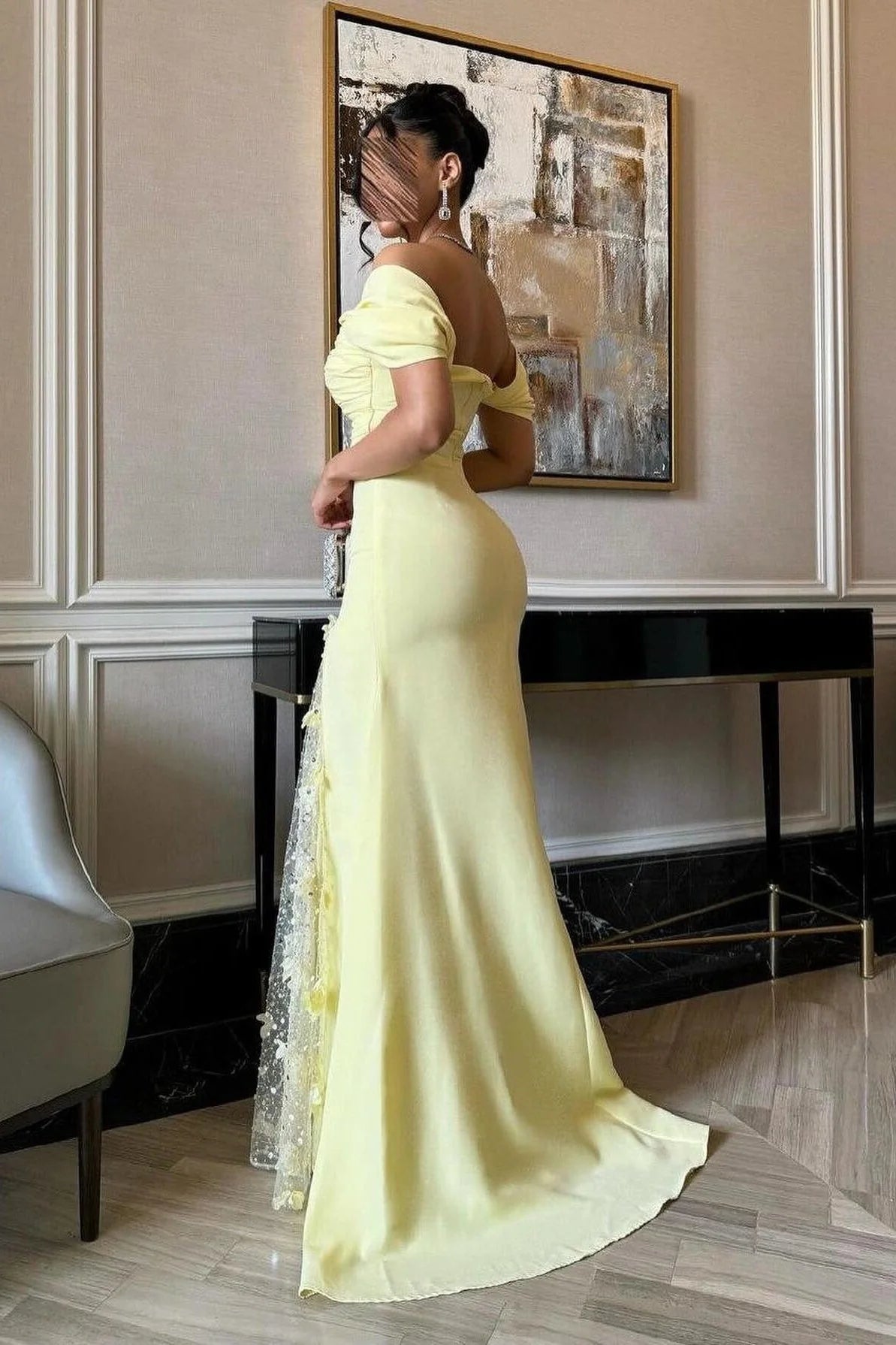 Elegant Mermaid Off Shoulder Short Sleeve Floral Yellow Prom Dress